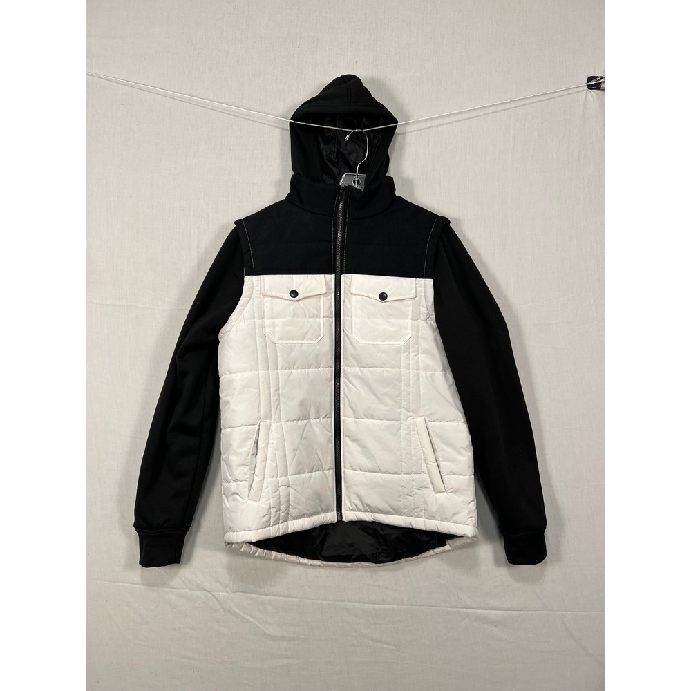 Distortion Mens Hybrid Puffer Hoodie Jacket Black White Quilted Full Zip Medium